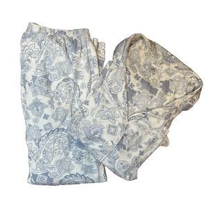 COTN Pajama Set XL Floral Damask Blue White PIMA Cotton ButtonLong Sleeve Pants